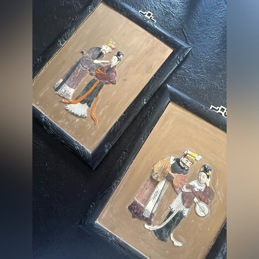 Antique 2 Black Lacquer Framed Mother of Pearl Wall Plaques. Three D Wall Art